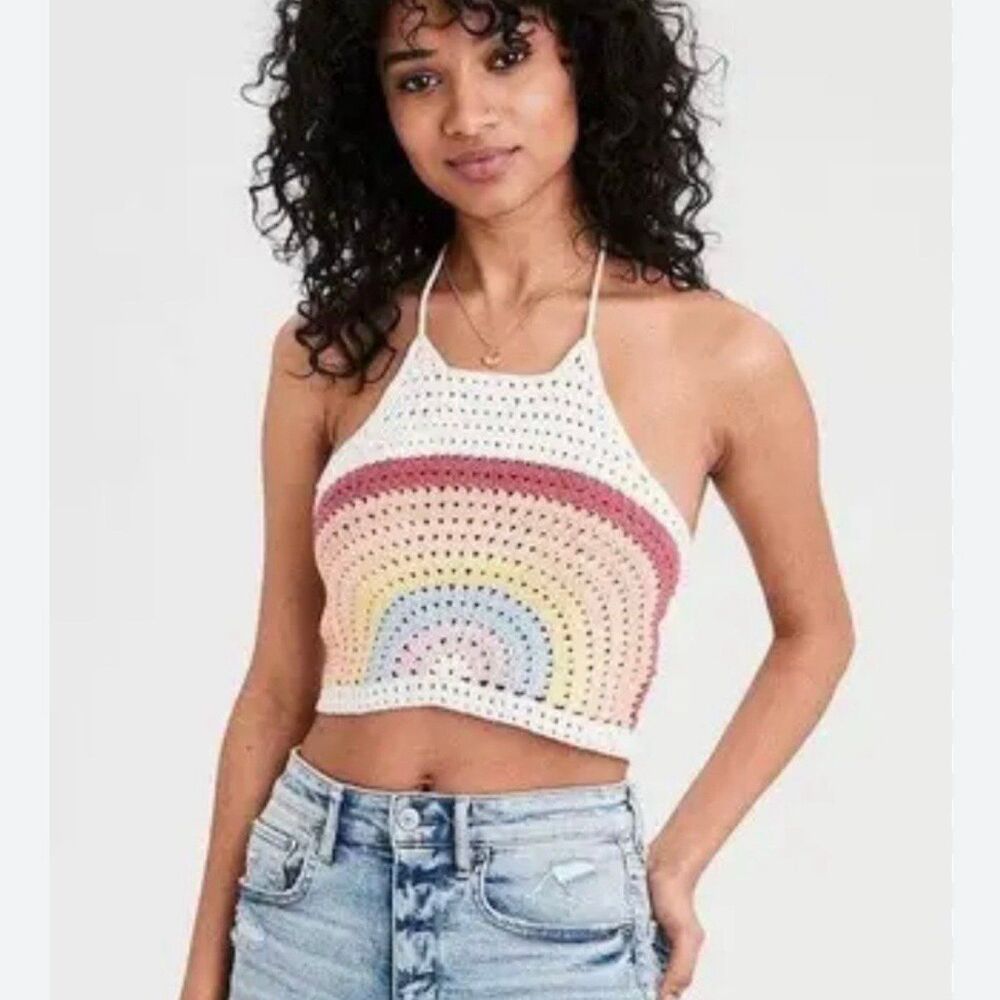 American Eagle Crochet Rainbow Knit Boho Festival Triangle Halter Tie Top XS